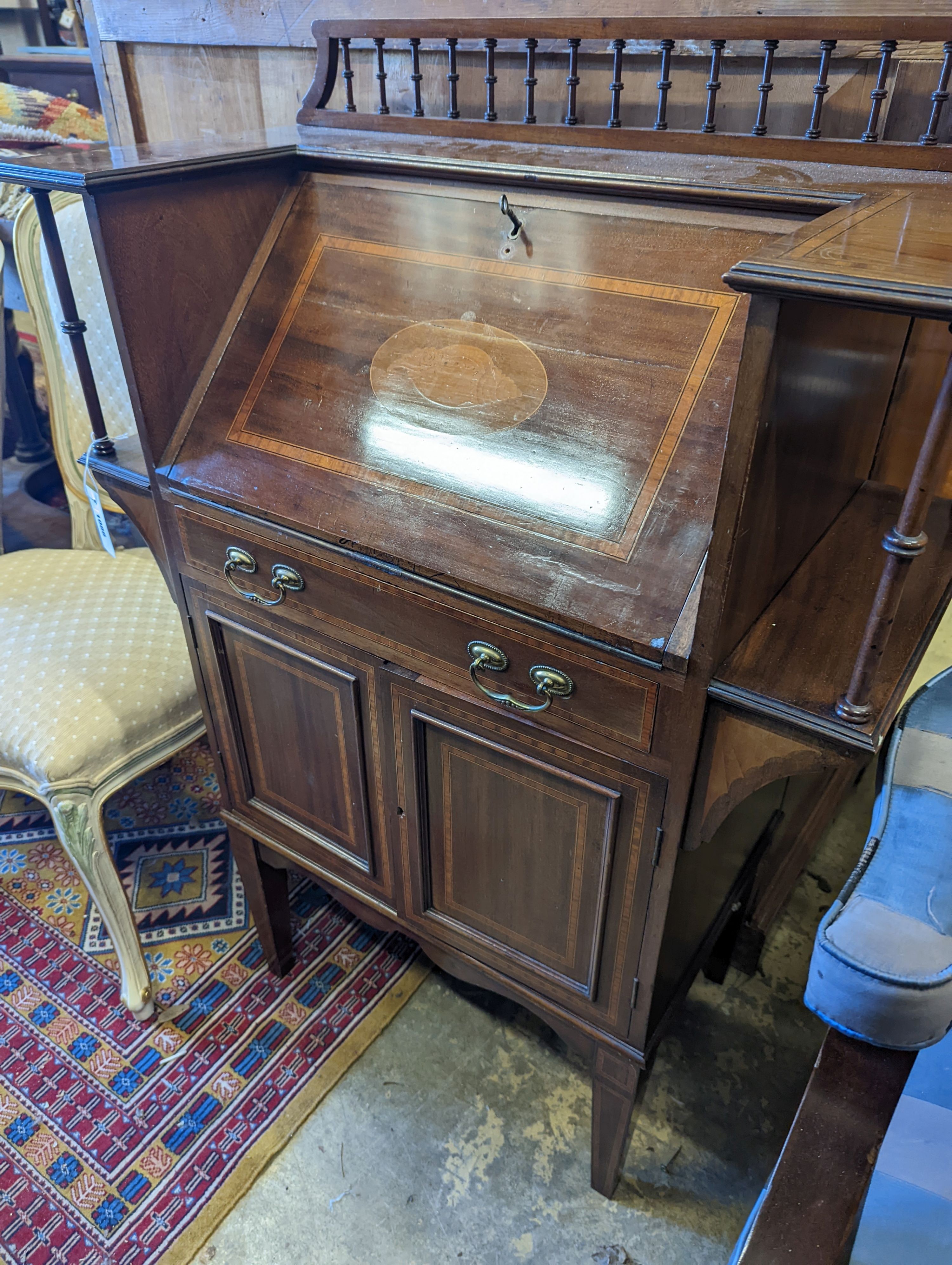 An Edwardian shell inlaid satinwood banded mahogany bureau, width 78cm, depth 39cm, height 108cm